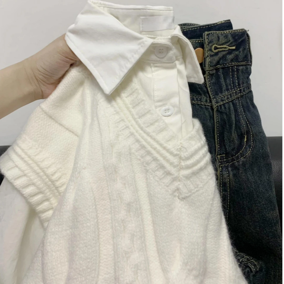 慵懒学院风设计感针织衫白色复古男女宽松提花背心百搭马甲秋冬潮