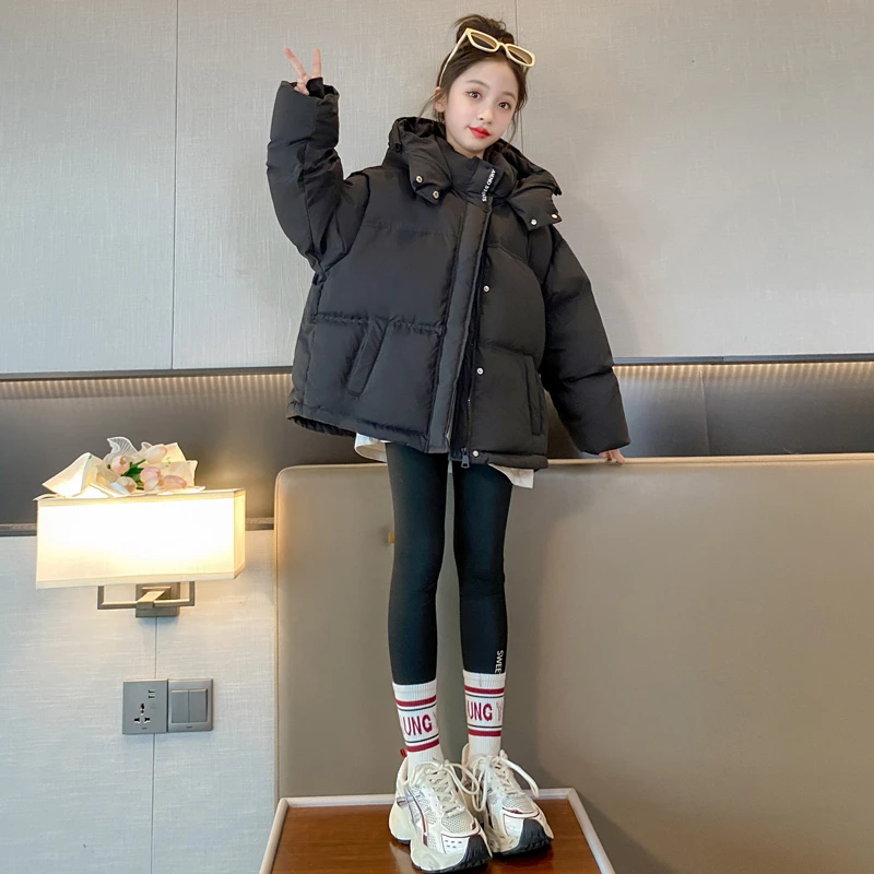 女童冬季羽绒服2023新款中大童女孩洋气加厚外套白鸭绒短款面包服