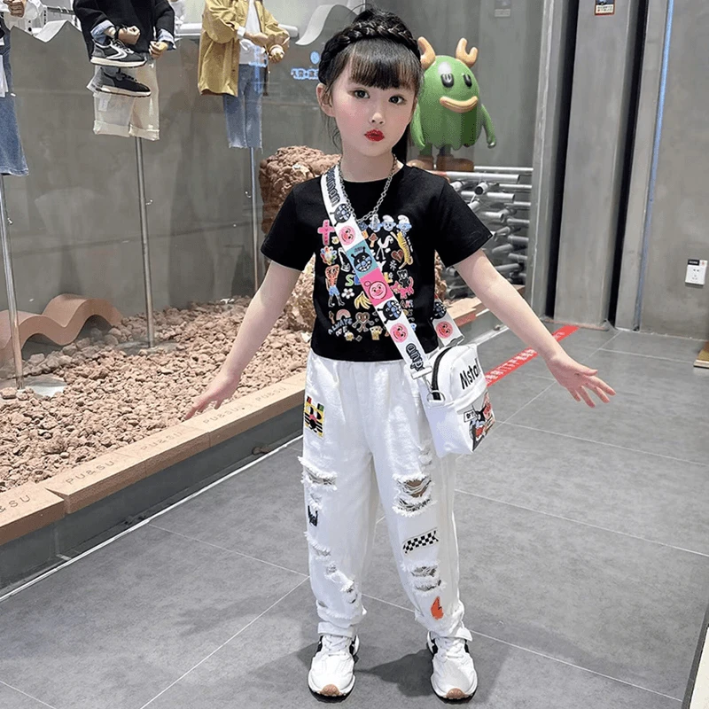 女童网红炸街套装夏装2025新款儿童韩范潮衣破洞裤洋气童装两件套