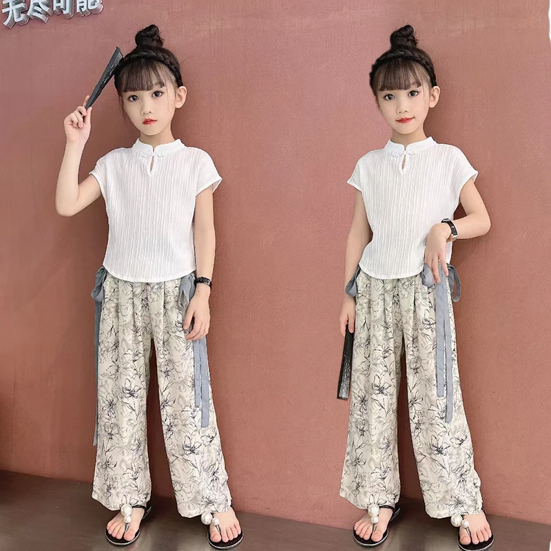 (120-170）女童夏季2025新款时尚中国风儿童雪纺防蚊阔腿裤两件套