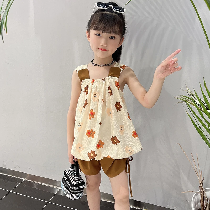 套装时尚吊带无袖短裤女孩夏季休闲中大童两件套女宝宝可爱服装