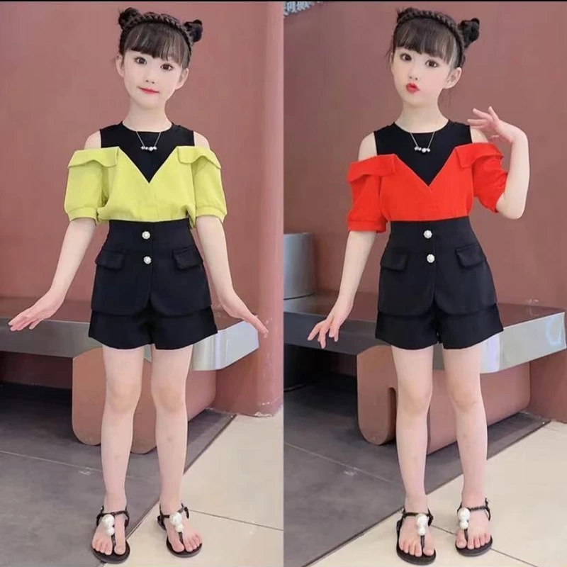 女童夏款楼肩套装2025新款网红女中大童装夏装时髦洋气假件套