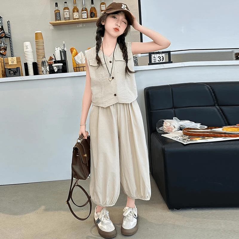 女童夏装套装2024新款洋气网红童装女大童夏季休闲短袖灯笼裤衣服