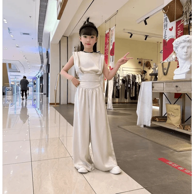 女童法式轻奢气质缎面绑带无袖背心裤子套装高腰设计感小众阔腿裤