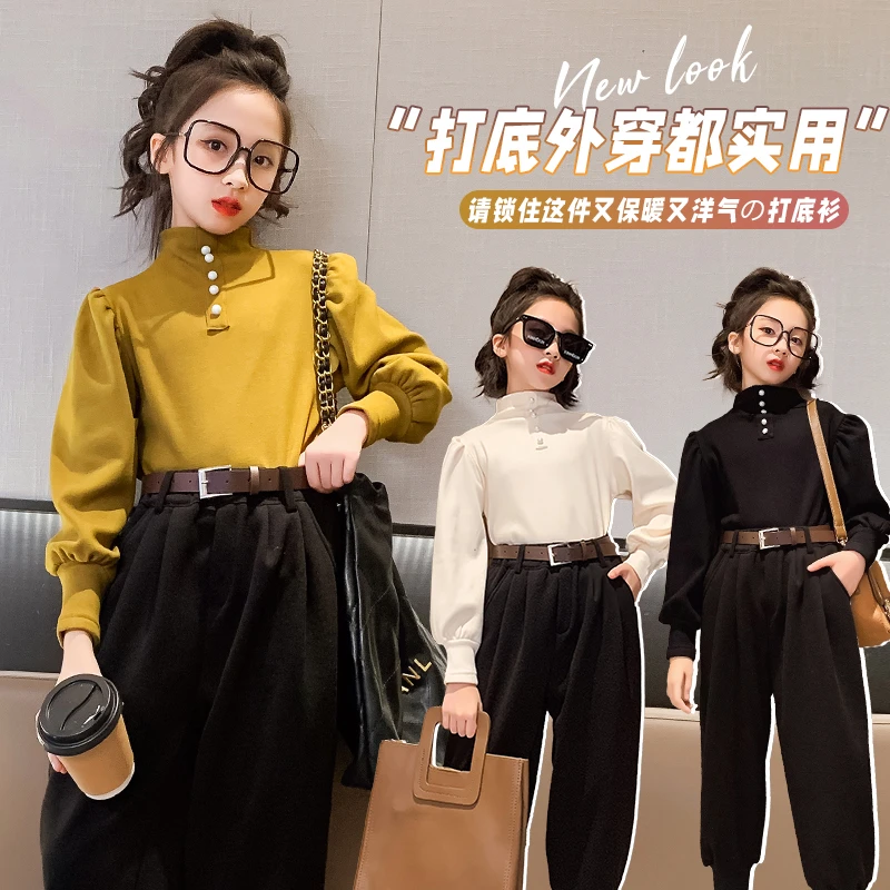 女童德绒打底衫半高领秋冬儿童洋气时髦长袖上衣加绒加厚女孩T恤