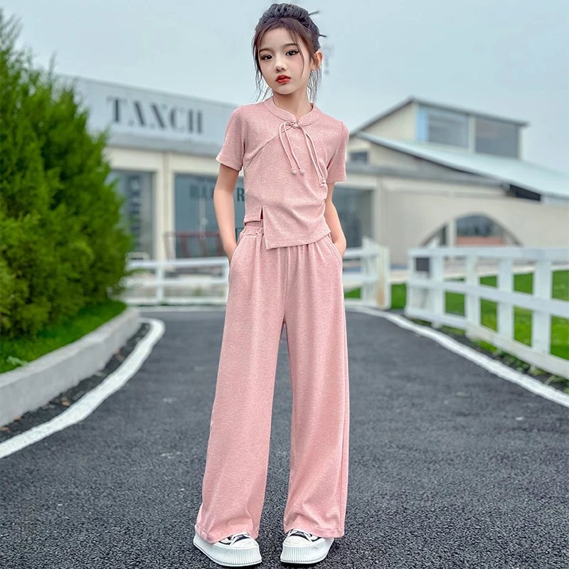 女童夏装2025新款洋气大童短袖套装儿童夏季新中式国风女孩两件套