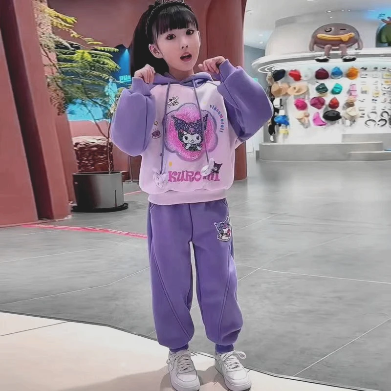 女童库洛米卫衣套装春秋紫色新款儿童秋装加绒休闲两件套洋气时尚