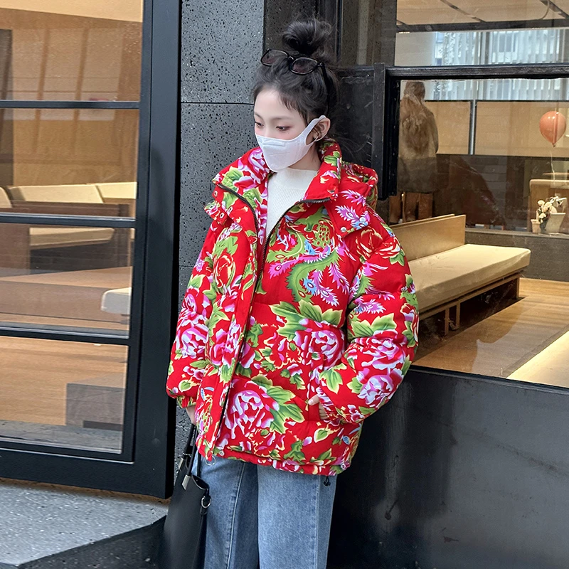 东北大花袄冬装女童2025新款洋气红色棉衣加厚外套儿童花棉袄冬季