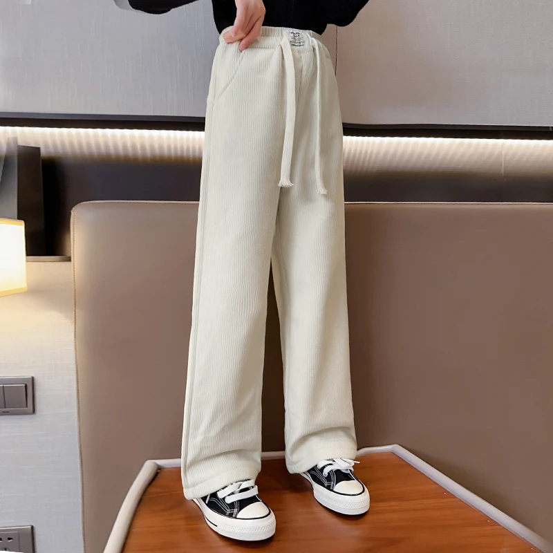 女童裤子加绒加厚2024儿童洋气雪尼尔阔腿裤中大童冬季灯芯绒长裤