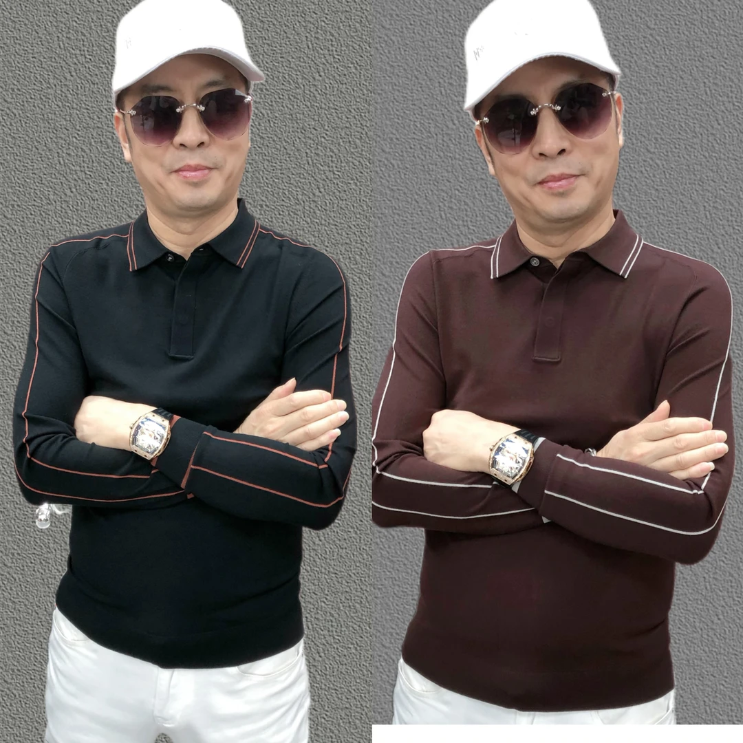 秋季新款高端轻奢时尚休闲百搭天丝针织翻领商务修身长袖T恤（3779