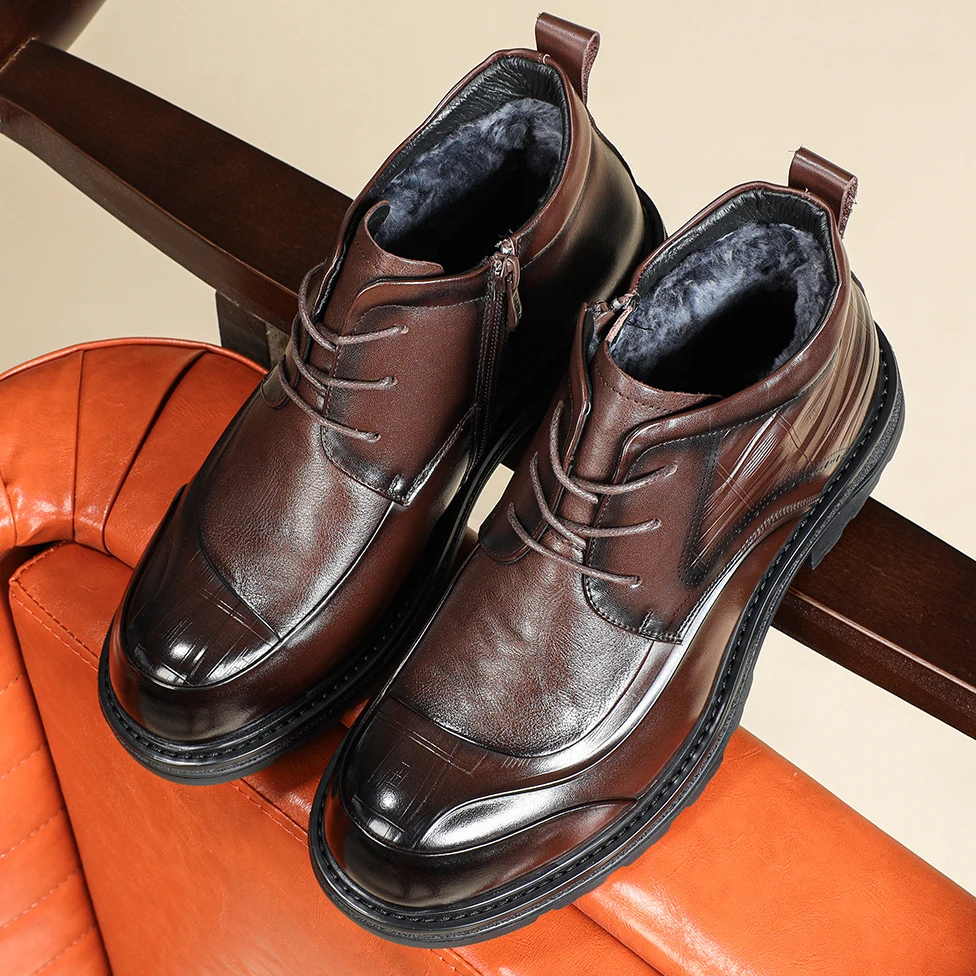 真皮头层牛皮大头圆头冬季加绒保暖皮靴通勤新中式复古痞帅男靴子