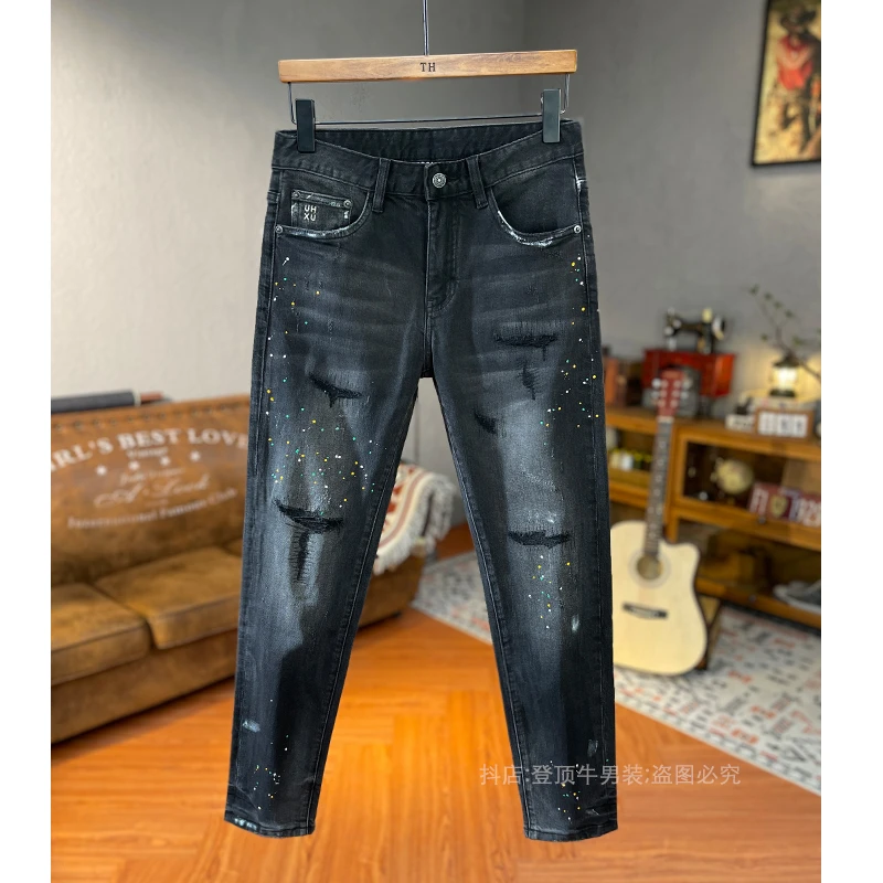 美式复古重工水洗泼墨牛仔裤男秋冬潮牌修身小脚破洞新款痞帅长裤