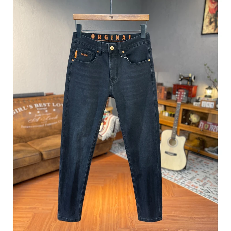 轻奢潮牌秋冬爆款黑灰色九分牛仔裤男潮流休闲弹力修身小直筒长裤