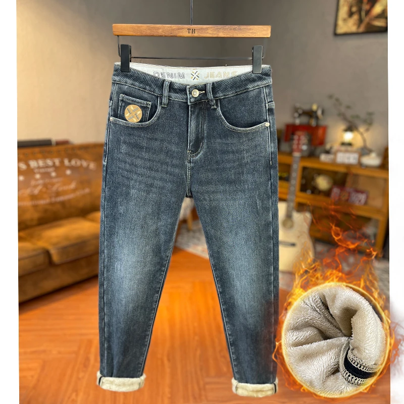 轻奢潮牌男裤冬季加绒加厚牛仔裤潮流百搭修身父亲节抗寒保暖长裤