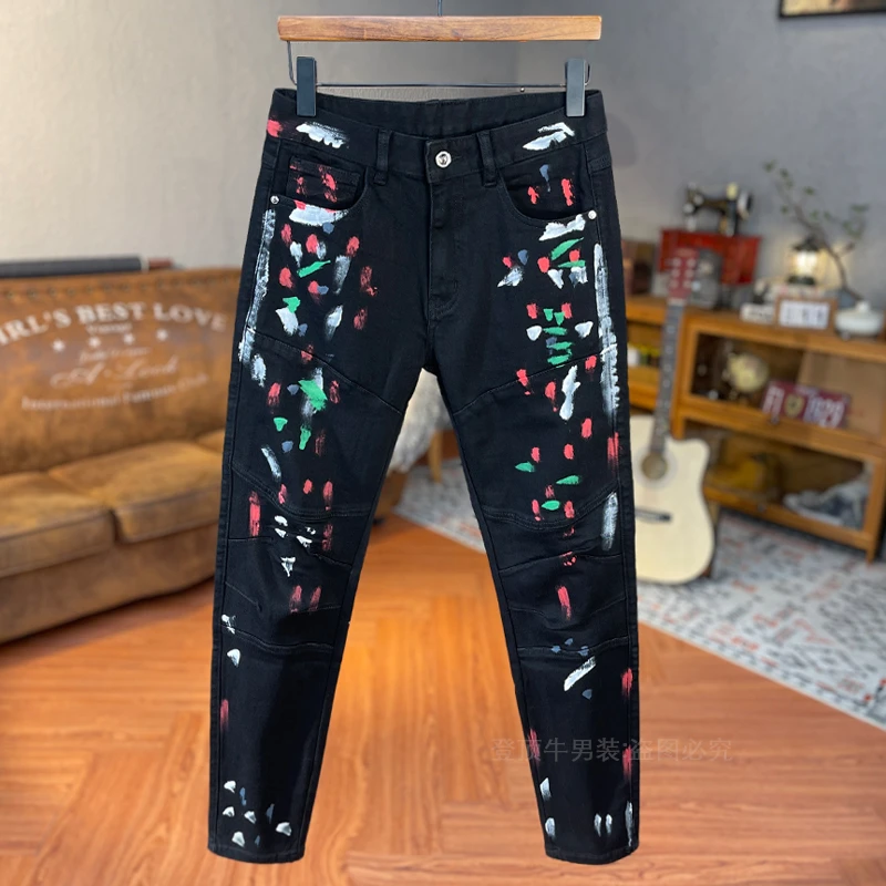 设计感爆棚彩绘喷漆时尚潮牌机车牛仔裤男士秋冬款弹力修身小脚裤