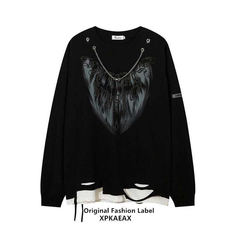 潮牌欧美暗黑情侣小众设计假两件长袖T恤嘻哈hiphop链条卫衣男女