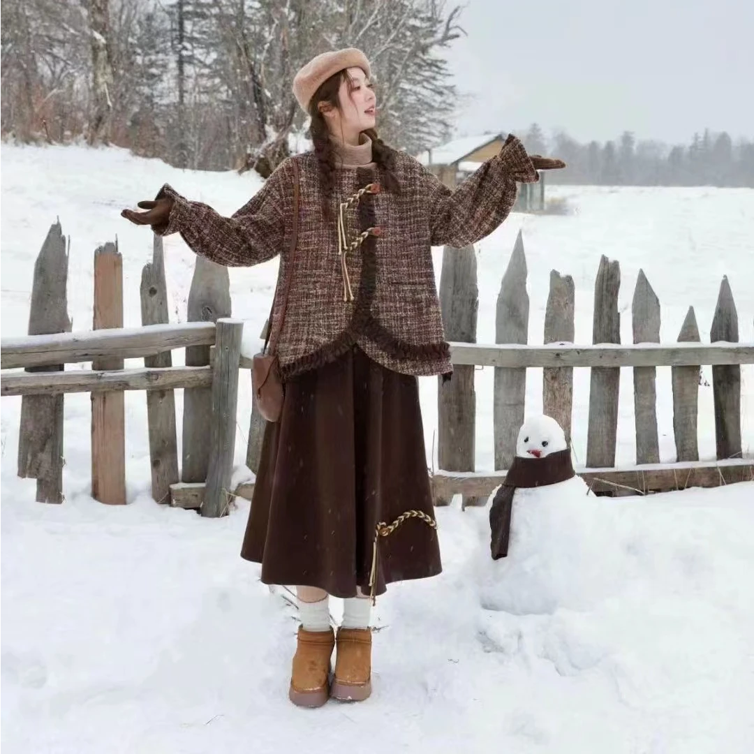 【欣欣推荐】秋季微胖大码女装棕色小香风木耳边外套半身裙咖色半裙