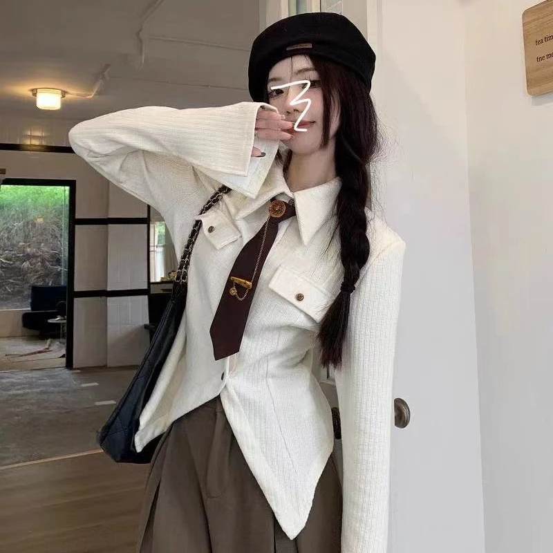 大码学院风长袖衬衫女胖mm秋冬季显瘦内搭正肩上衣设计感小众衬衣