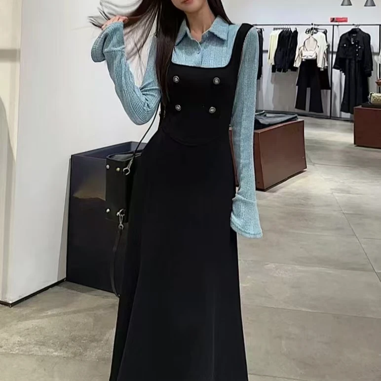 【秋晚歌谣】法式复古撞色拼接气质连衣裙女秋冬高级感收腰显瘦长裙