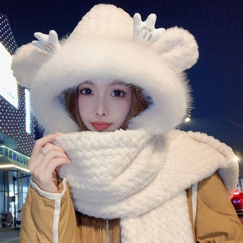 帽子女可爱冬季新款围巾一体围脖骑车保暖加厚毛绒手套龙宝三件套