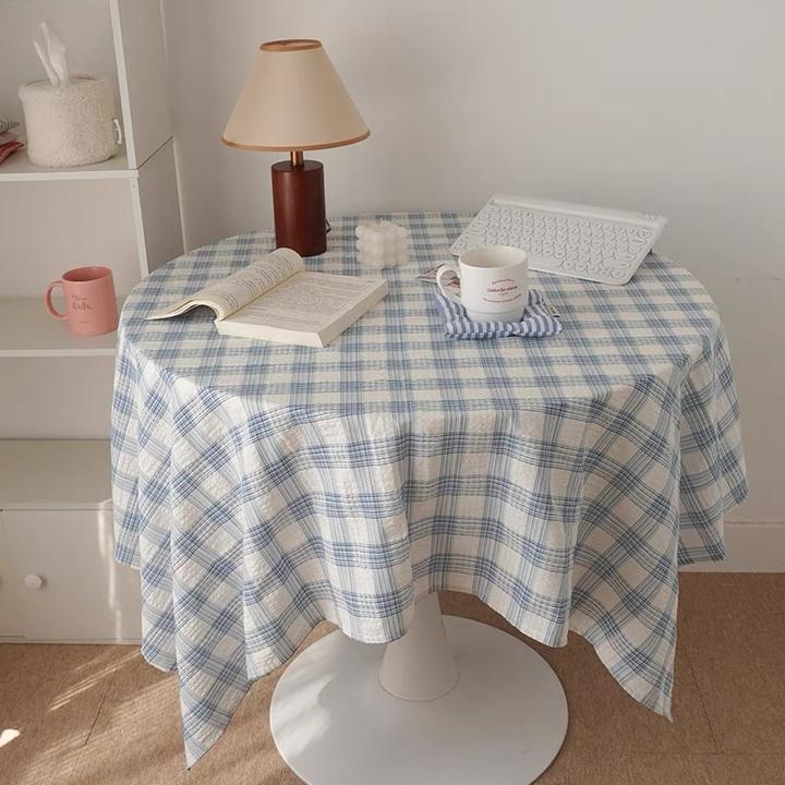 ins风韩系奶蓝格子餐桌茶几家用简约盖布清新摆摊野餐拍照背景布