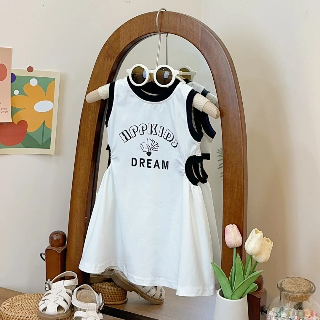 韩版童装2024新款女童连衣裙夏装休闲T恤裙儿童撞色背心裙24116