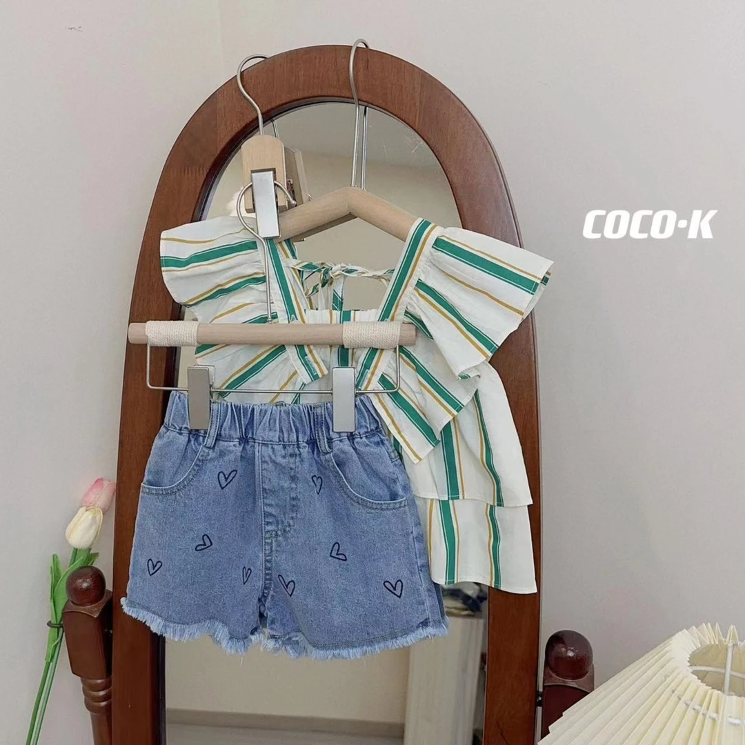 2023新款女童小飞袖条纹衬衫洋气牛仔短裤套装23231+23232