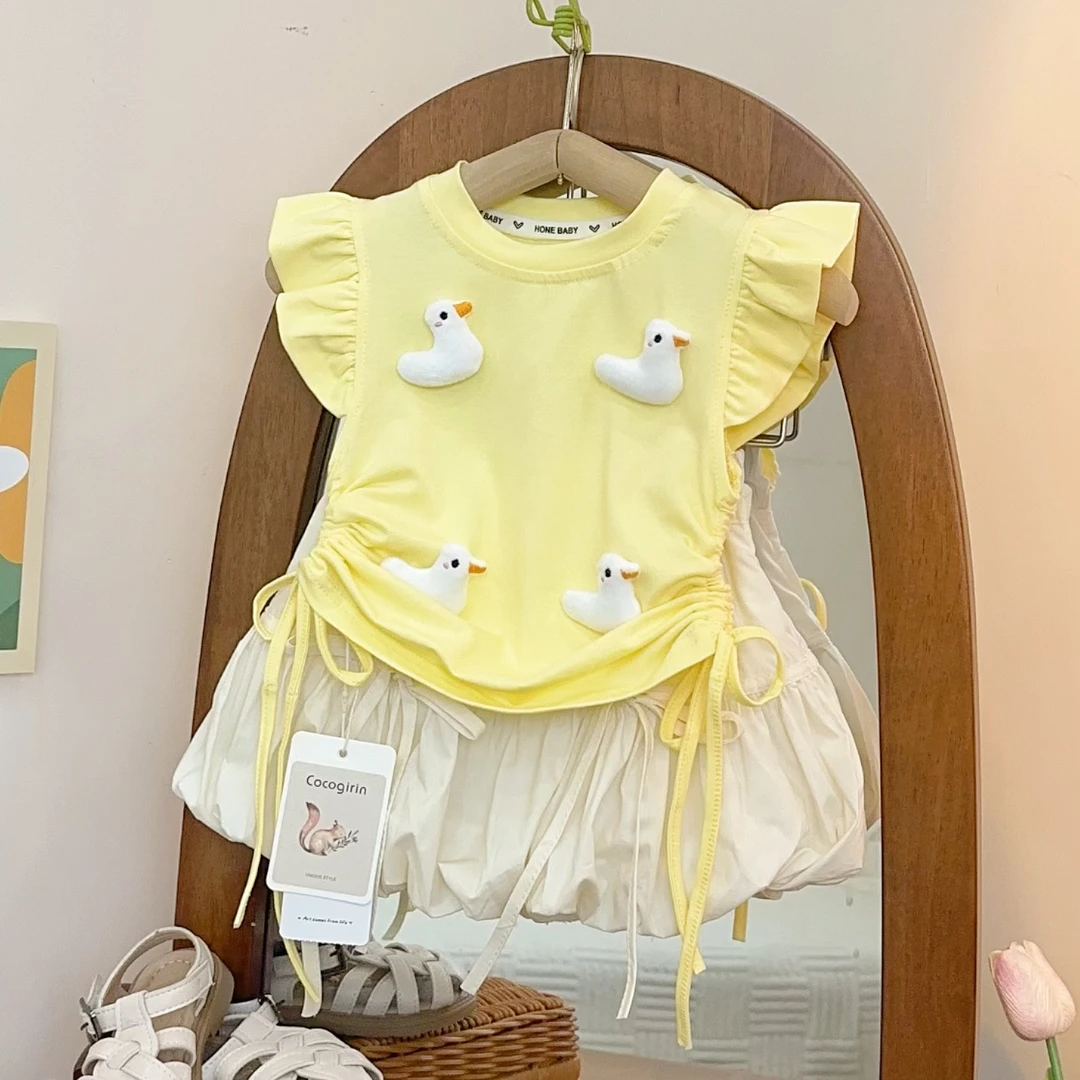 女宝宝短袖花苞裙套装爱飞飞袖鸭子短袖花苞短裙两件套24165
