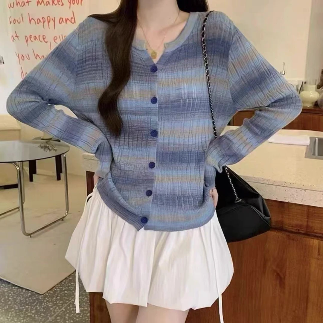 2024渐变扎染条纹显瘦外套2024秋季长袖针织衫开衫柔软宽松女装