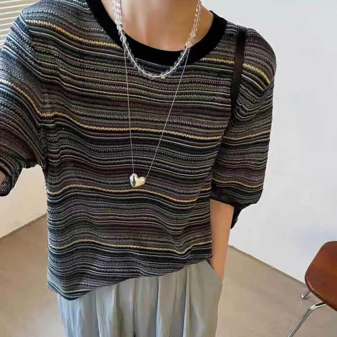 时尚百搭休闲显瘦条纹宽松气质百搭设计感短袖针织衫064