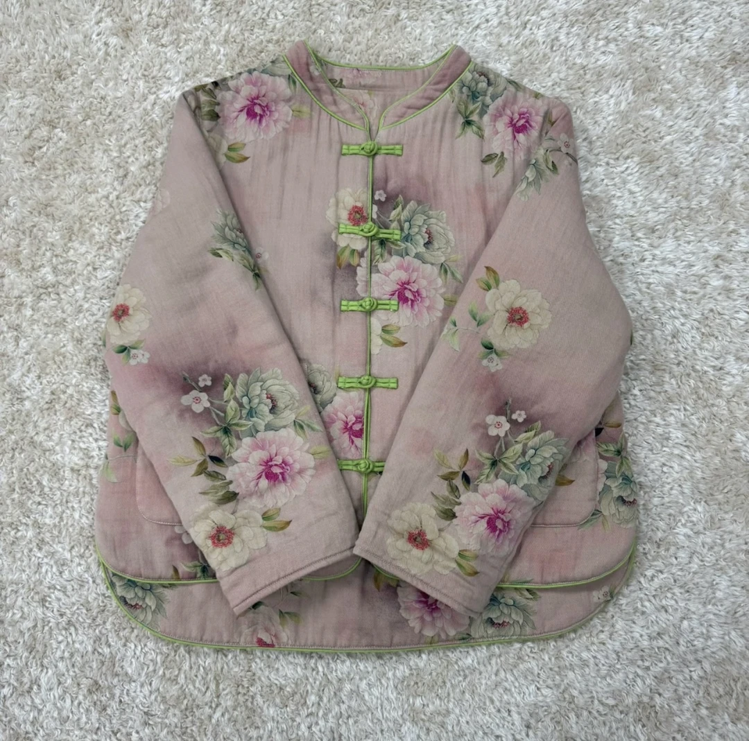 2024秋冬麻衣加厚棉服新中式国风外套晕染盘扣文艺复古中式棉衣