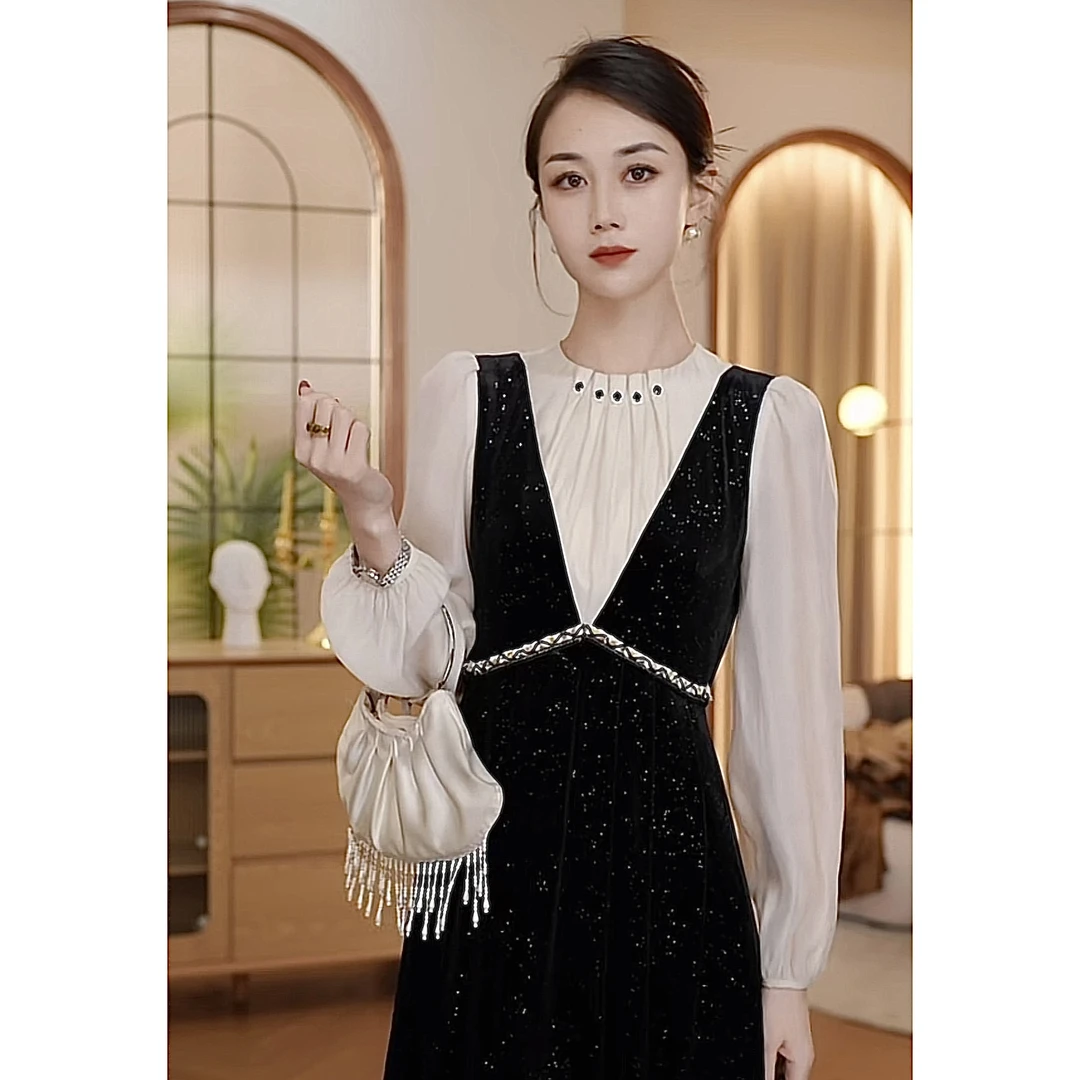 【双双&GERTCOREL】人间梦露 法式细闪钉钻气质连衣裙 CC234L1054