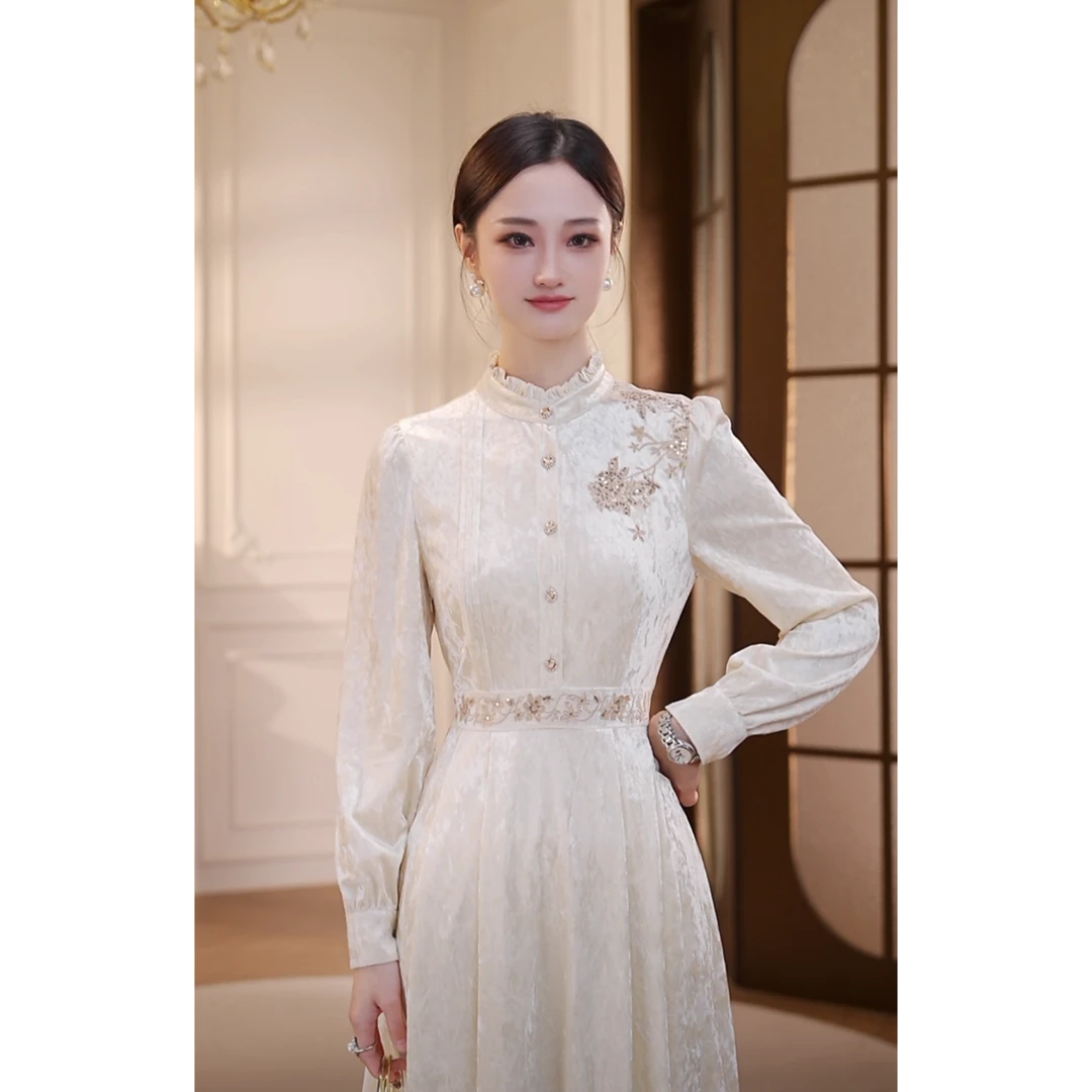 【双双&GERTCOREL】长亭旧雪 新中式气质刺绣冬连衣裙 XJ244L1207