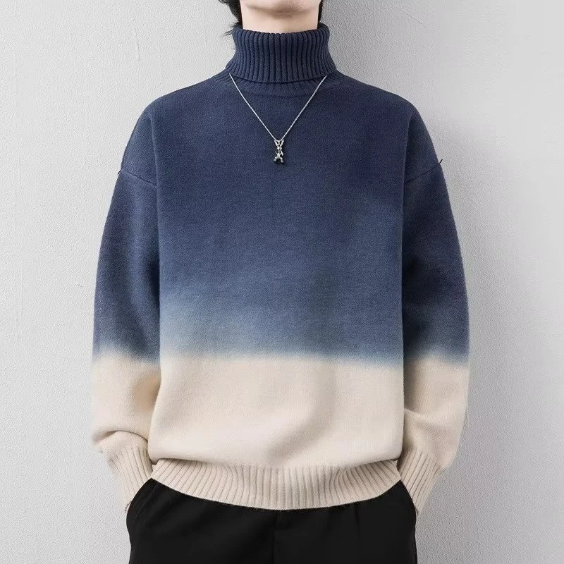 冬季高领毛衣男宽松慵懒风潮流渐变保暖加绒加厚打底针织衫男士潮