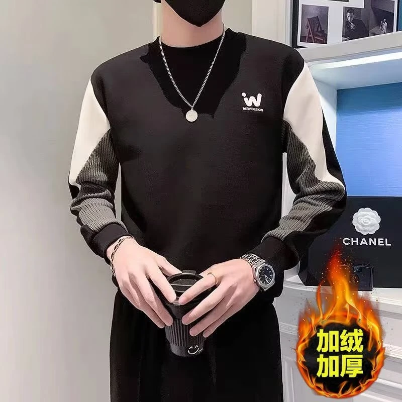 加绒卫衣男春秋季2023新款痞帅潮牌轻熟圆领华棉男装潮流长袖男士