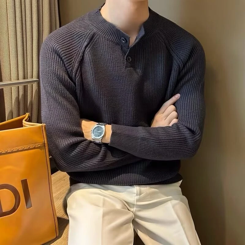 秋冬保暖韩版纯色休闲厚款毛衣男套头提花细条领打底针织衫男士