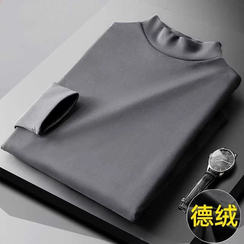 半高领加绒加厚百搭保暖男士打底衫双面绒德绒秋冬季纯色内穿打底