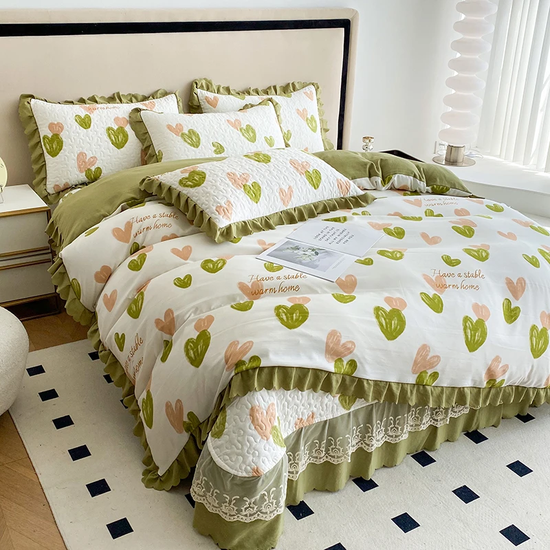 水洗棉麻床盖套件四季可机洗A类夹棉防滑床裙韩版被套碎花件套