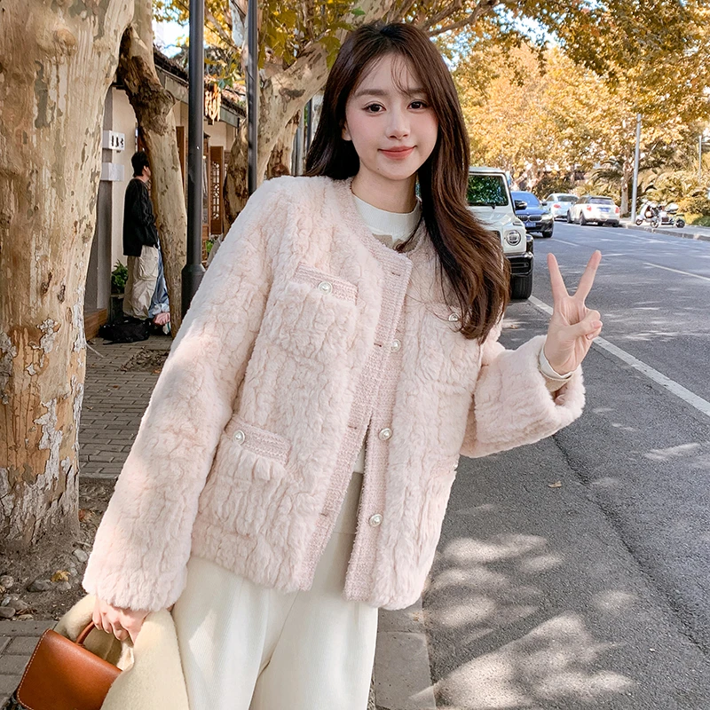 2024名媛风毛毛外套小香风拼接设计感女小个子