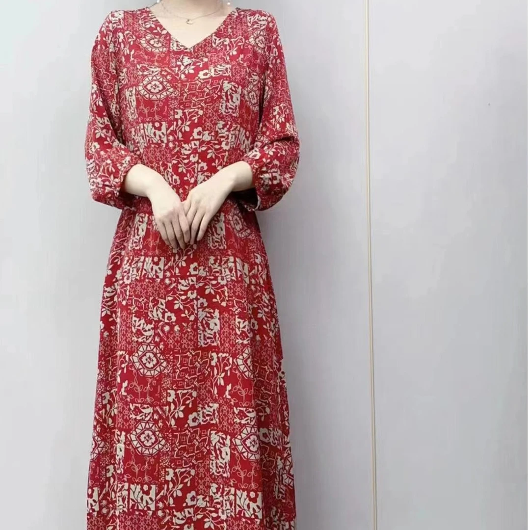 2025-1382新款妈妈装气质休闲百搭V领碎花A字连衣裙