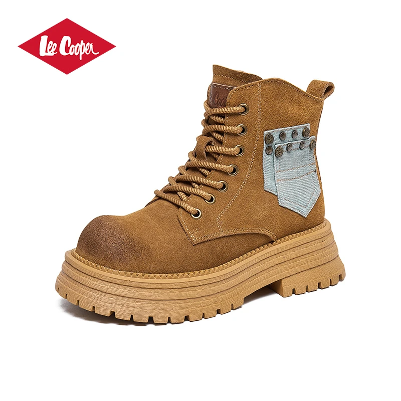 Lee Cooper冬季新款牛反绒马丁靴复古擦色拼接厚底增高显瘦女靴