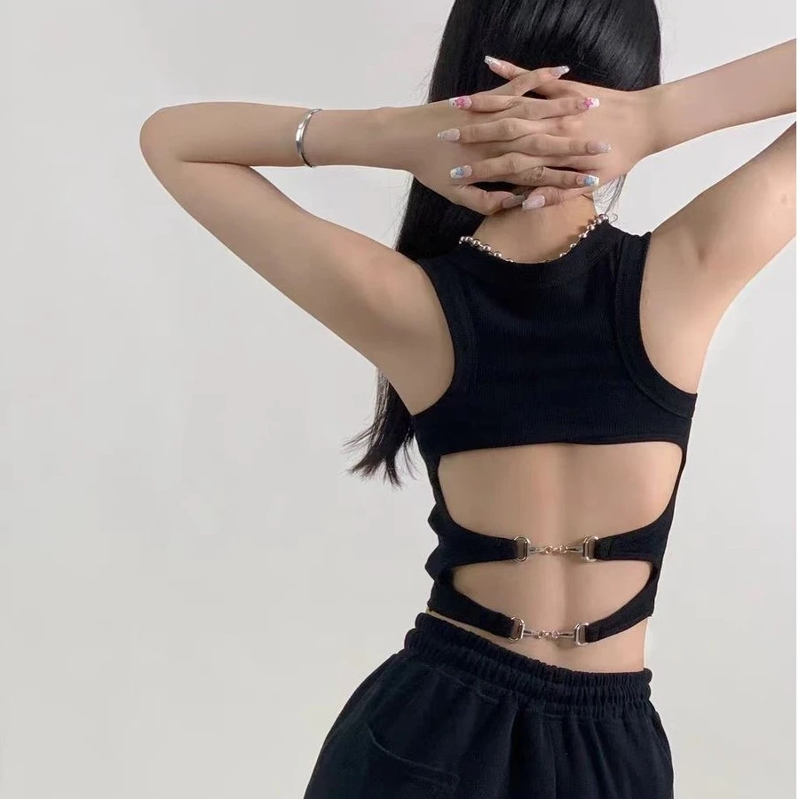 鱼骨甜辣抹胸女士背心辣妹黑色美背露背吊带背心短款港风运动显瘦