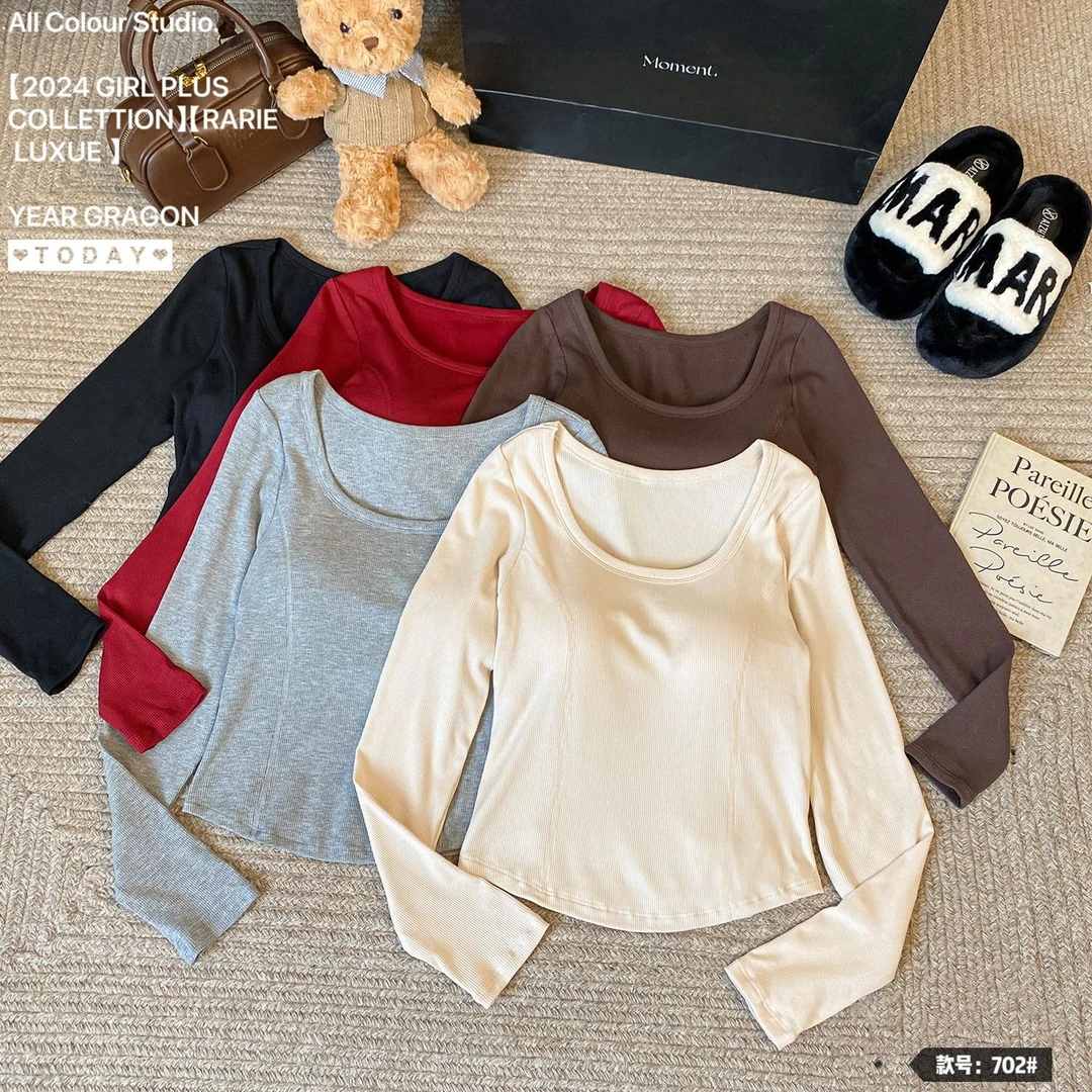 冬季加绒修身显瘦百搭长袖一体式固定胸垫内衣简约时尚舒适秋衣女