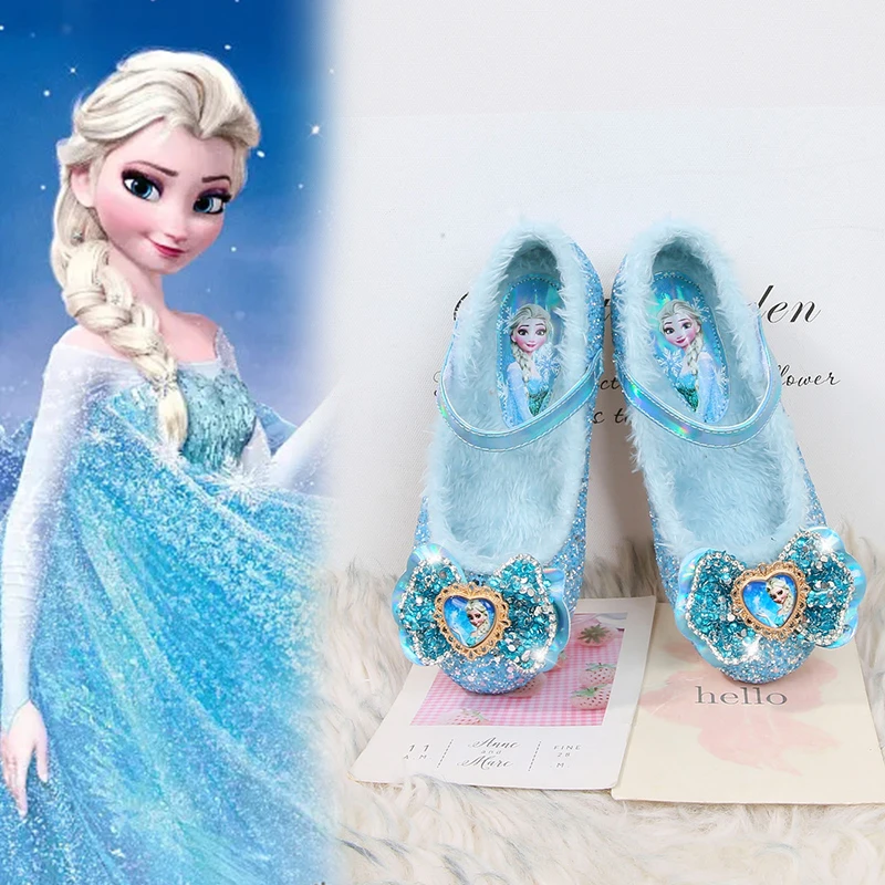 女宝爱莎公主鞋女童秋冬皮鞋2025棉鞋平底鞋蓝色冰雪奇缘小女孩