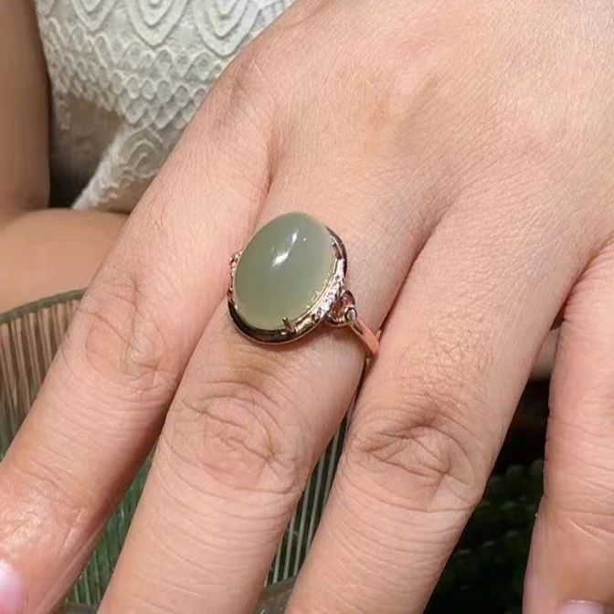 天然和田玉老坑青海料s925银镶嵌戒指