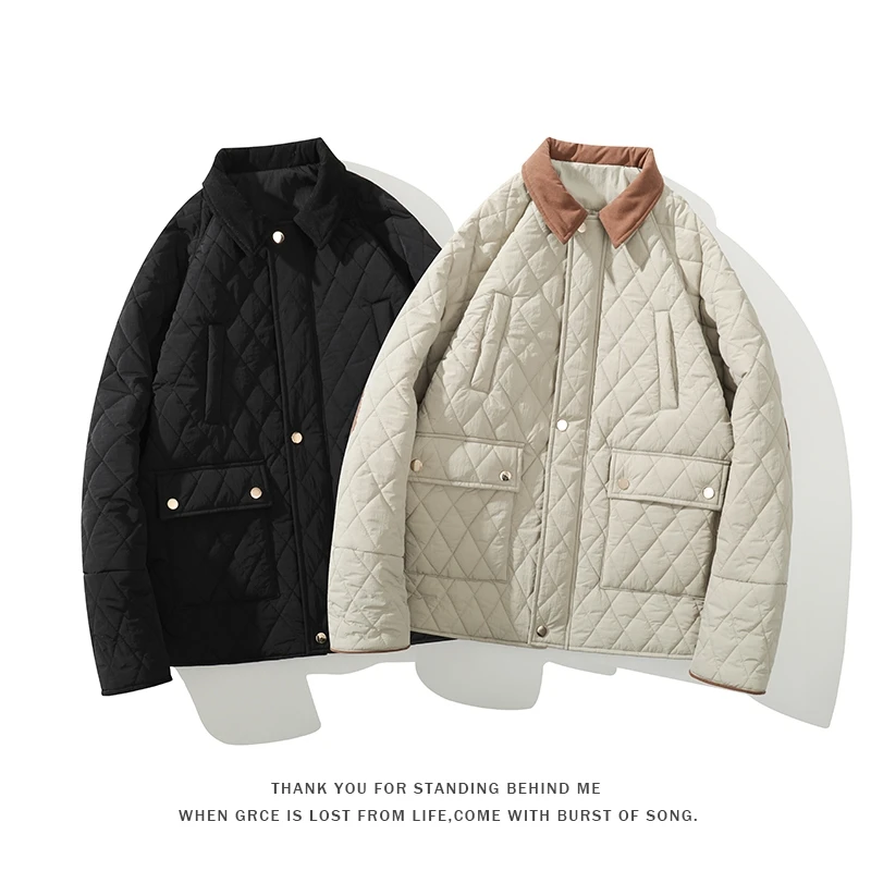 冬新灯芯绒拼接菱格翻领棉衣男棉袄大码保暖潮流加厚棉衣外套M53
