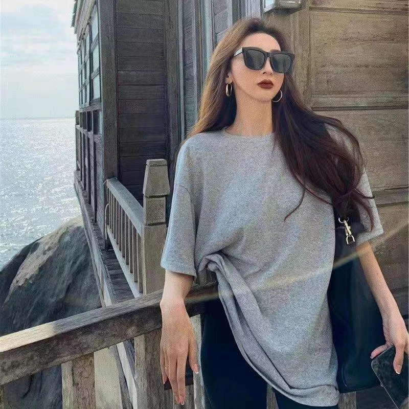 纯棉灰色中长款遮臀t恤女夏季300斤特大码胖mm宽松显瘦遮肚连衣裙