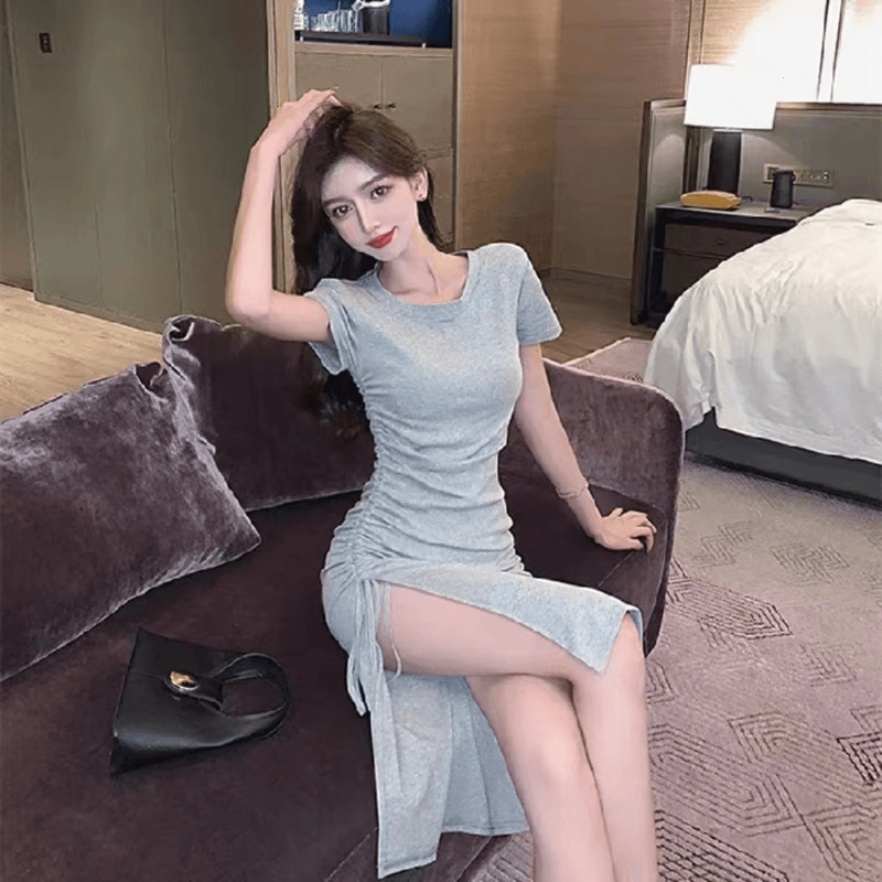 小个子夏季气质抽绳调节开叉法式连衣裙女时尚性感显瘦收腰包臀裙