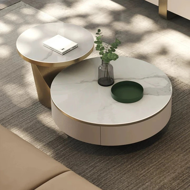 轻奢现代简约岩板茶几圆形大小组合储物抽屉家用个性创意后现代