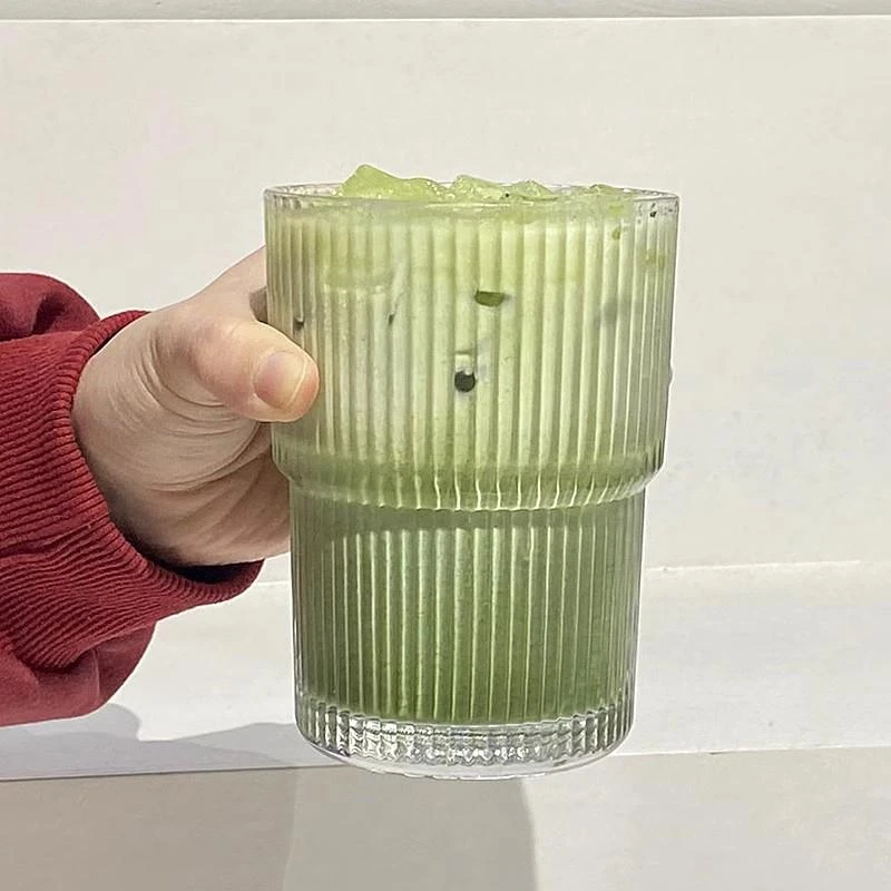 范哲萨ins简约条纹玻璃杯柠檬茶杯气泡水杯家用可叠饮料杯水果茶